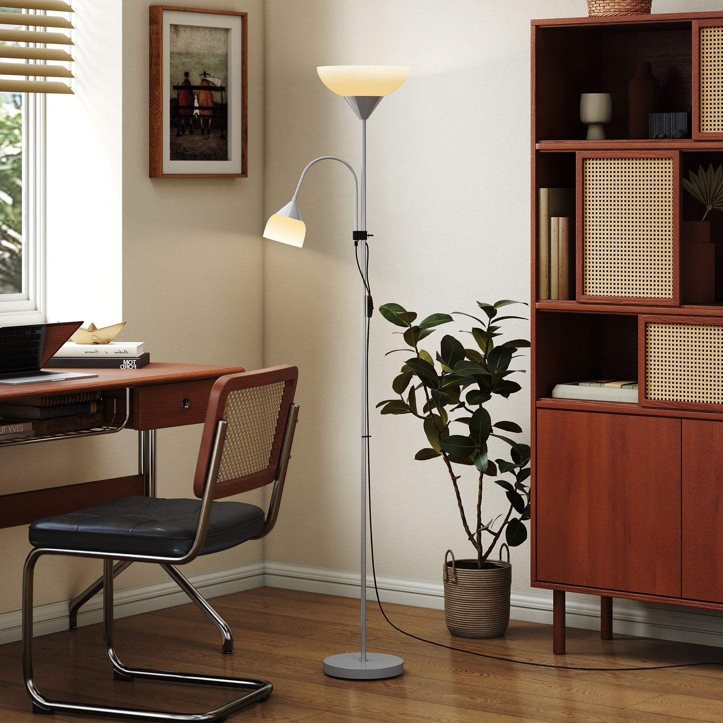 HOMCOM LED Floor Lamp for Living Room, 180cm Tall Standing Lamp, Mother and Child Uplighter with Adjustable Gooseneck, 3000K/4500K/6500K Colour Temperatures, Silver Tone