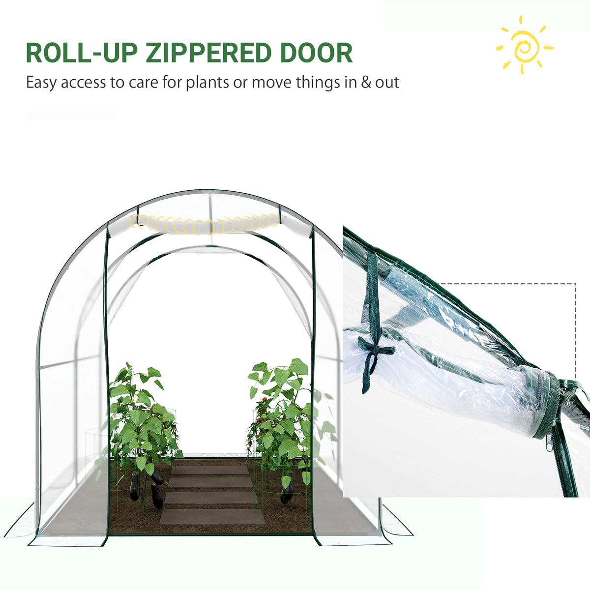 Outsunny greenhouse entrance with zippered roll-up door and tie straps