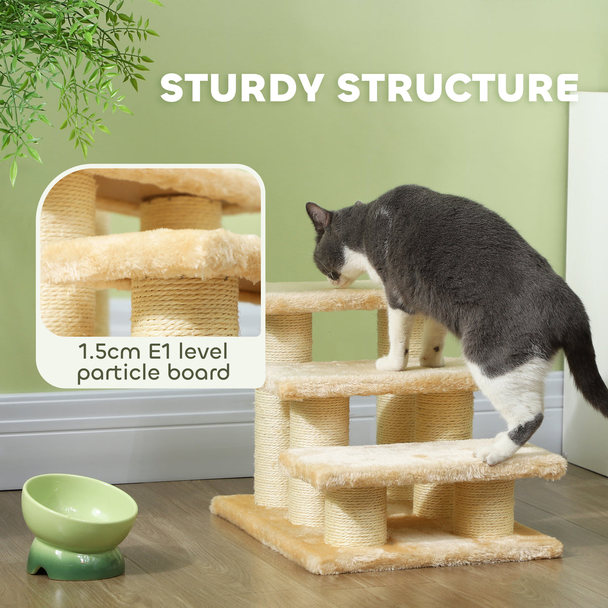 Three-step pet stairs with a cat climbing the plush platforms and a close-up of the sturdy board