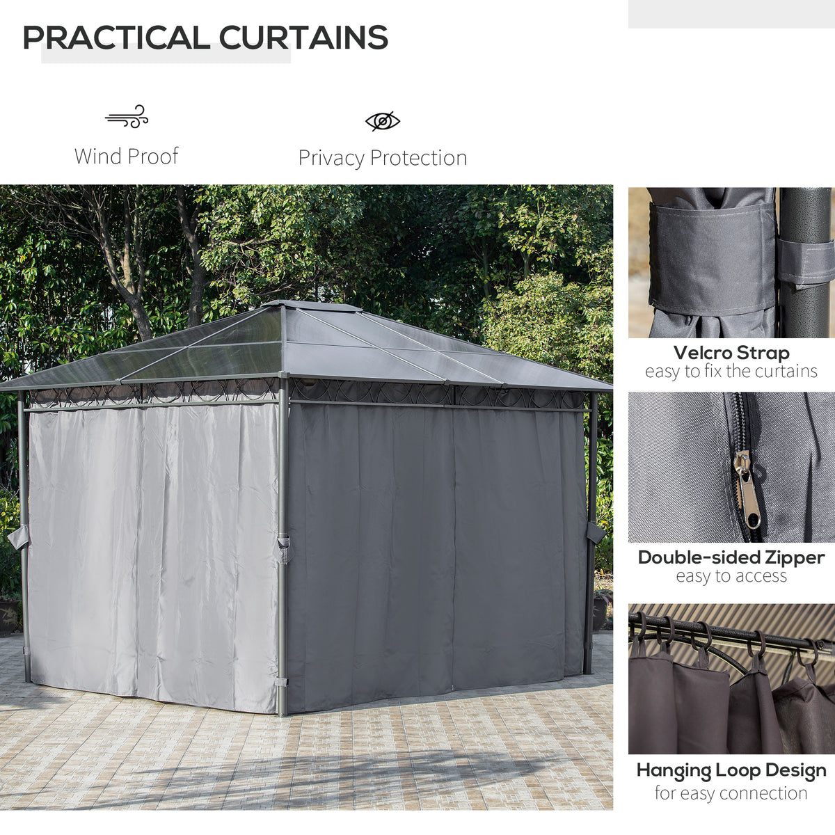 Grey gazebo curtains with Velcro straps, double-sided zippers and hanging loops