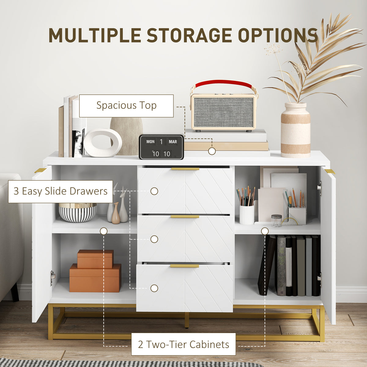 Open white sideboard showing three drawers and two cabinets with adjustable shelves