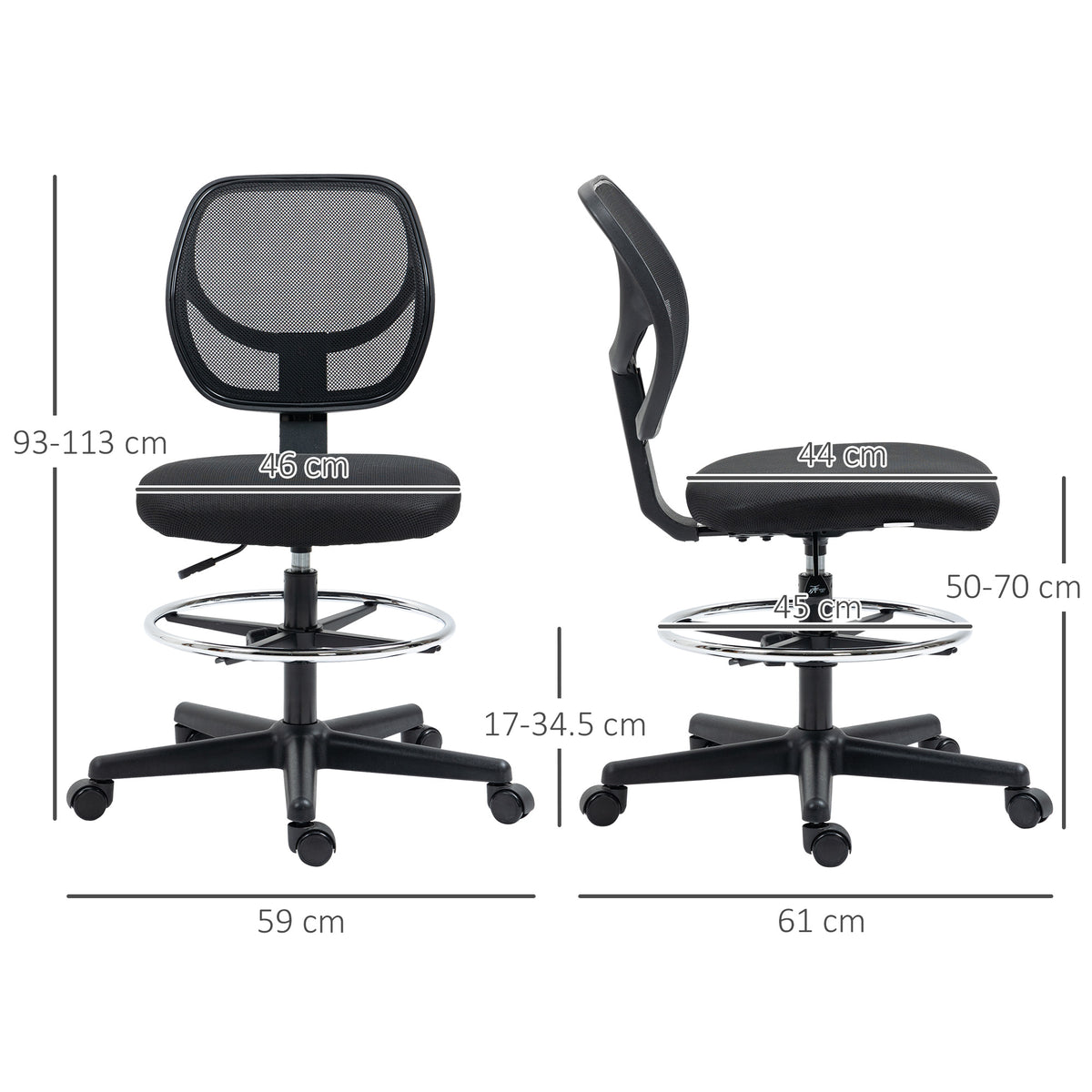 Standing desk chair shown from front and side with dimensions and adjustable height ranges
