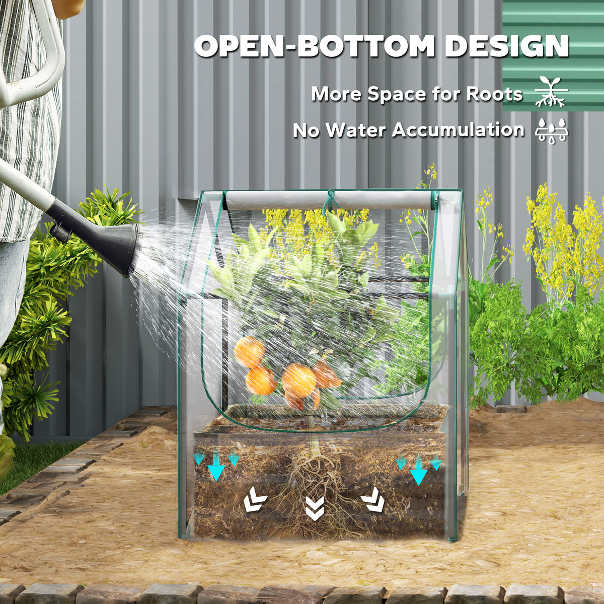 Open-bottom green planter bed with clear greenhouse cover