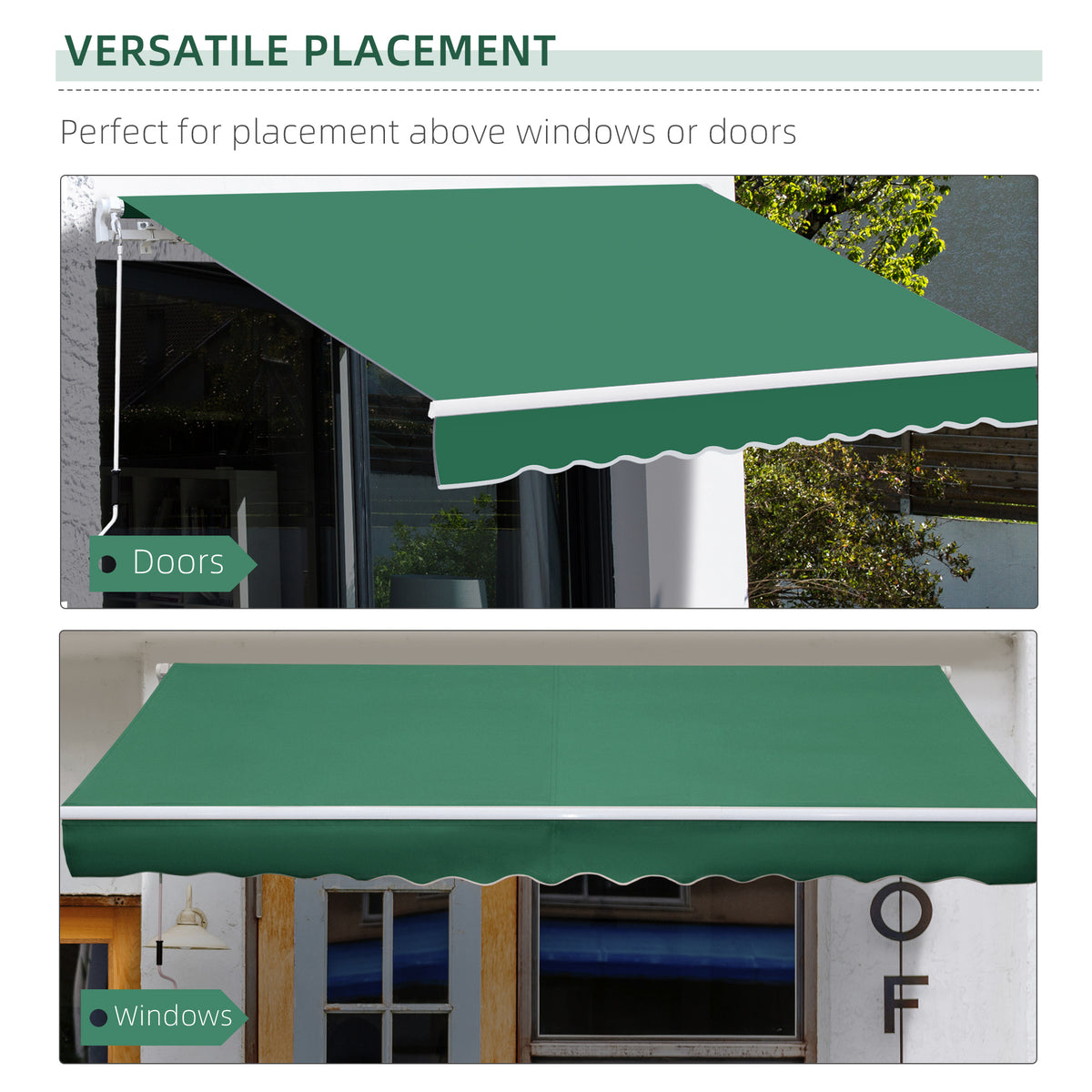 Green retractable awning shown above doors and windows