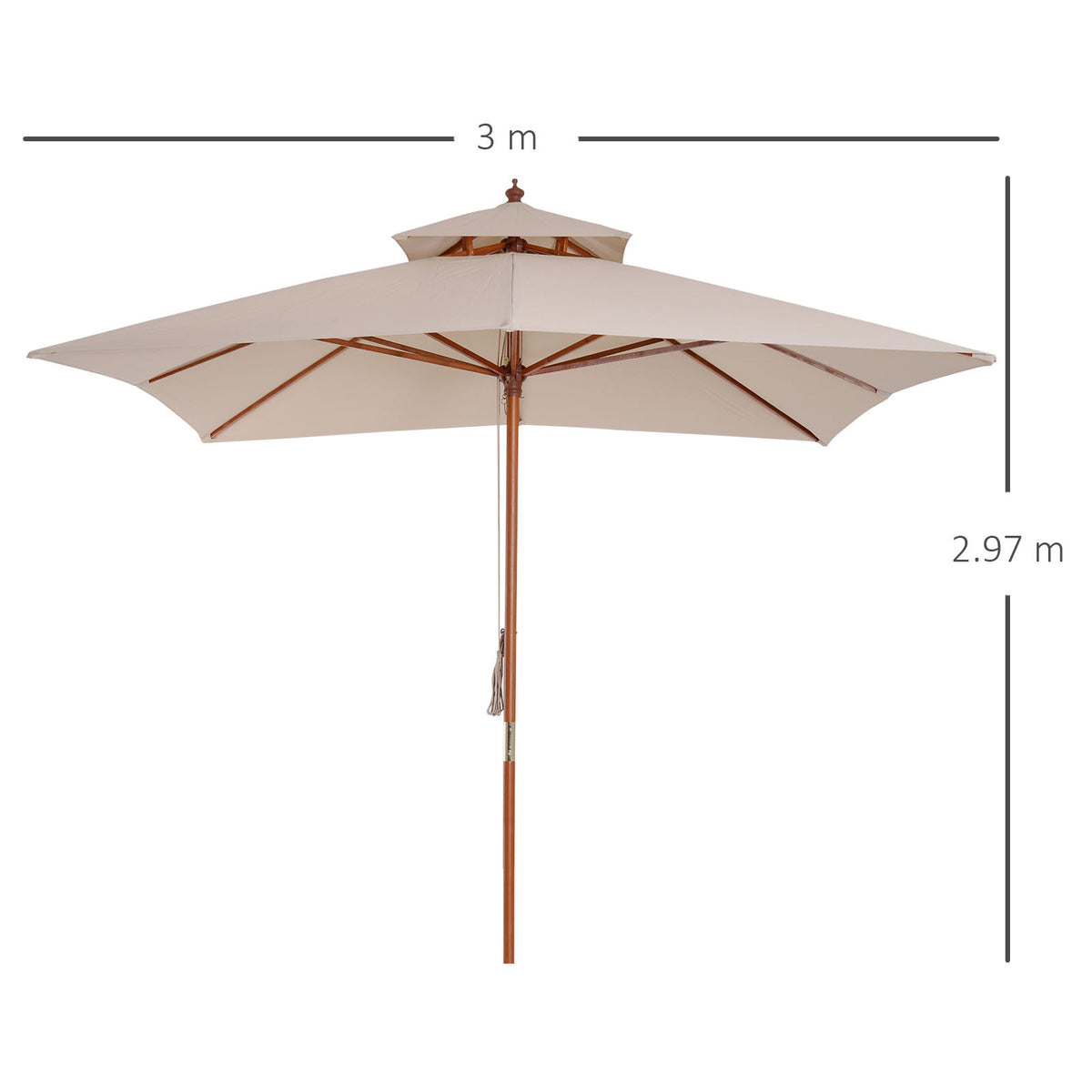 Beige double-tier patio parasol, 3 m wide and 2.97 m tall