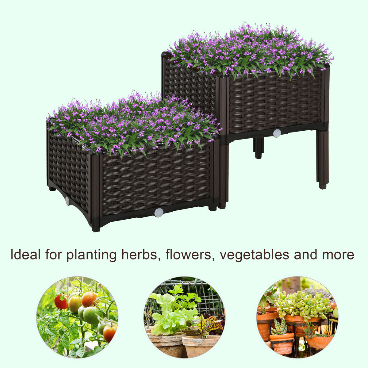 Set of two dark brown woven elevated garden planters shown filled with purple flowers