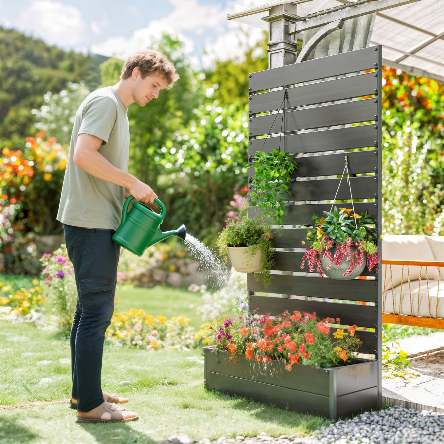 Outsunny Raised Bed for Garden, Planter with Trellis for Climbing Plants, Vines, Planter Box with Drainage Gap, Black