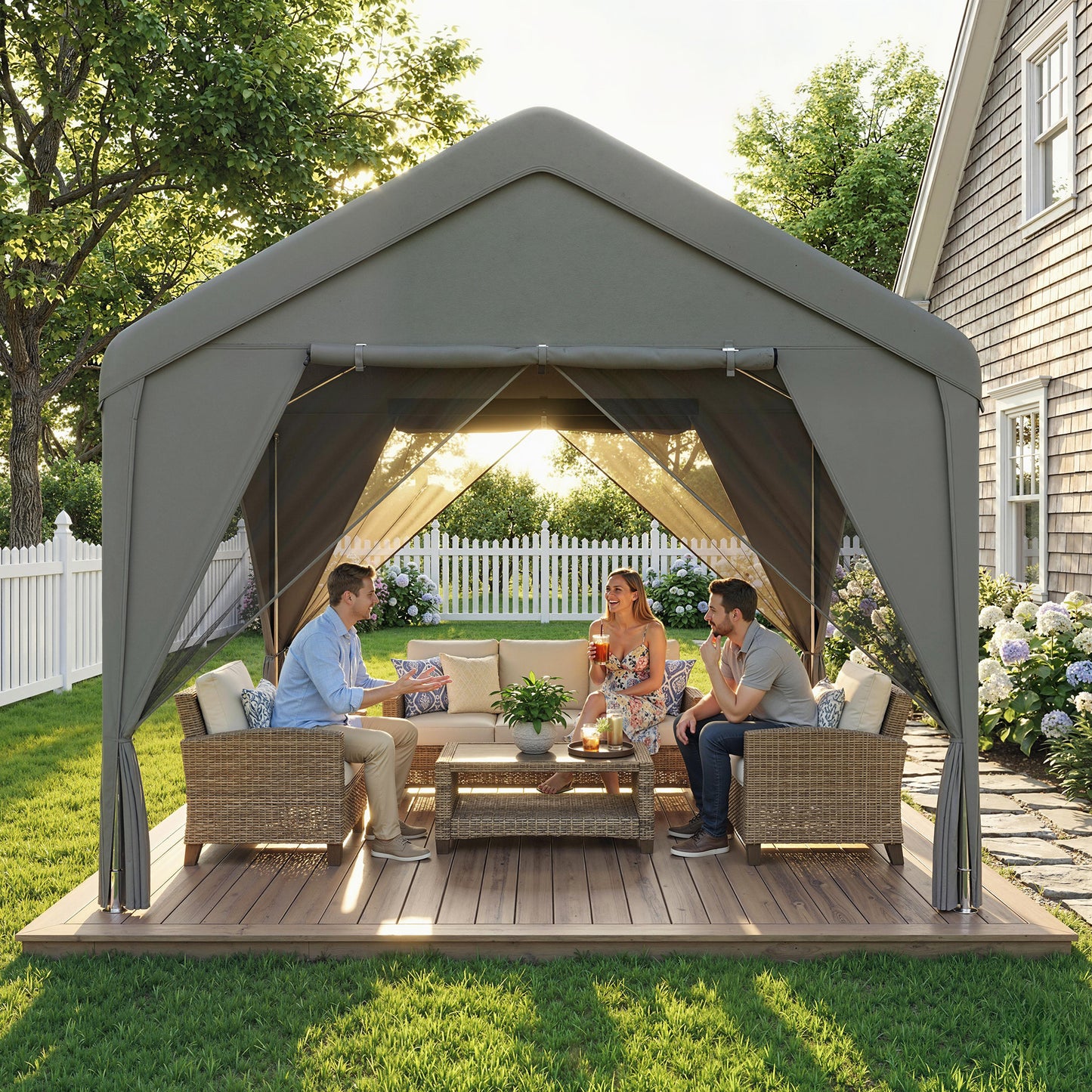 Outsunny 3 x 3 m Patio Gazebo with Netting & Curtains, Outdoor Canopy Shelter with Galvanised Steel Frame, Dark Grey