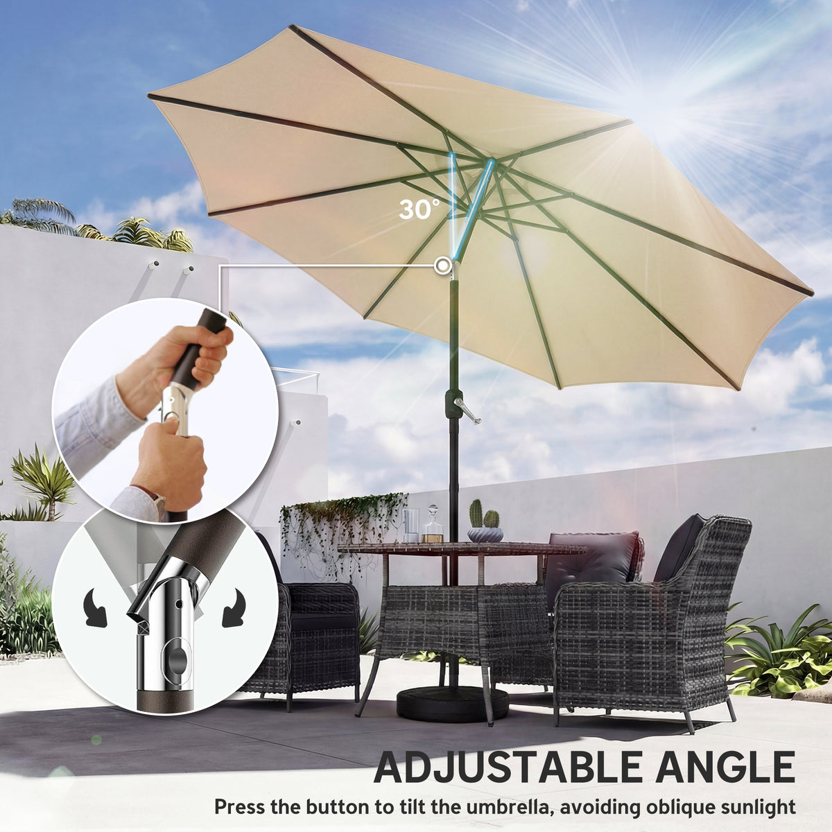 Outsunny 2.7 m Garden Parasol Umbrella with Cross Base and Sandbag, Retractable Ribs, Outdoor Table Market Umbrella, Khaki
