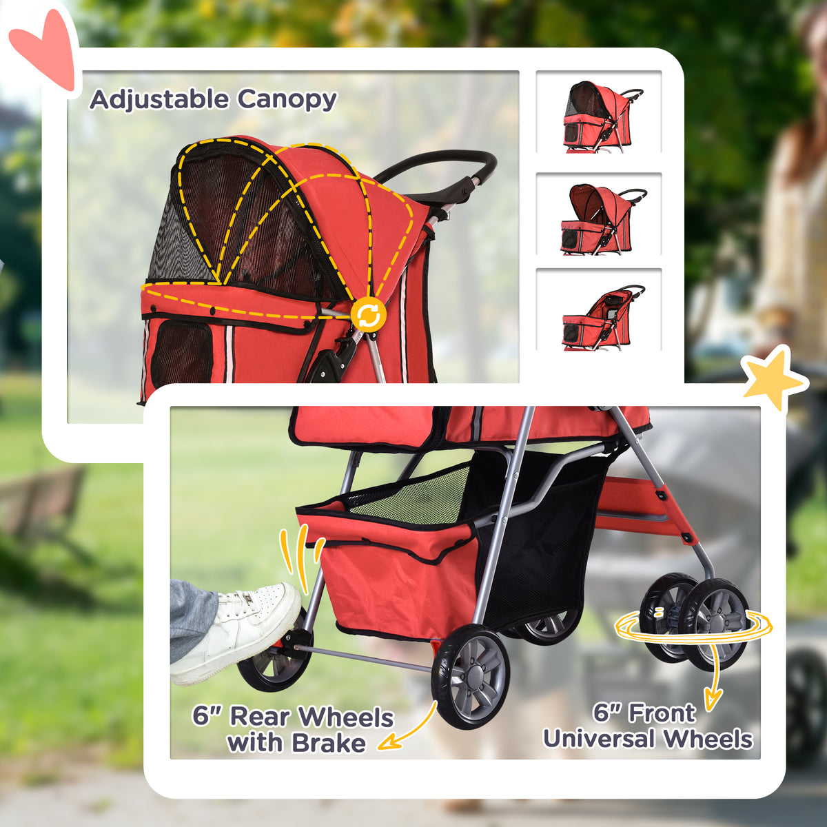 Red pet stroller with adjustable canopy, rear wheel brakes and swivel front wheels