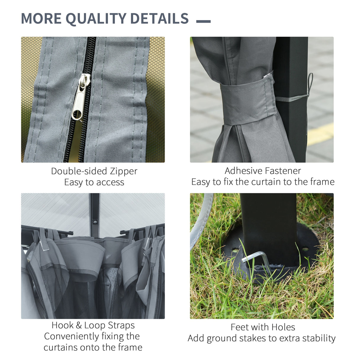 Outsunny gazebo curtain details include zipper, fastening strap, and frame attachment