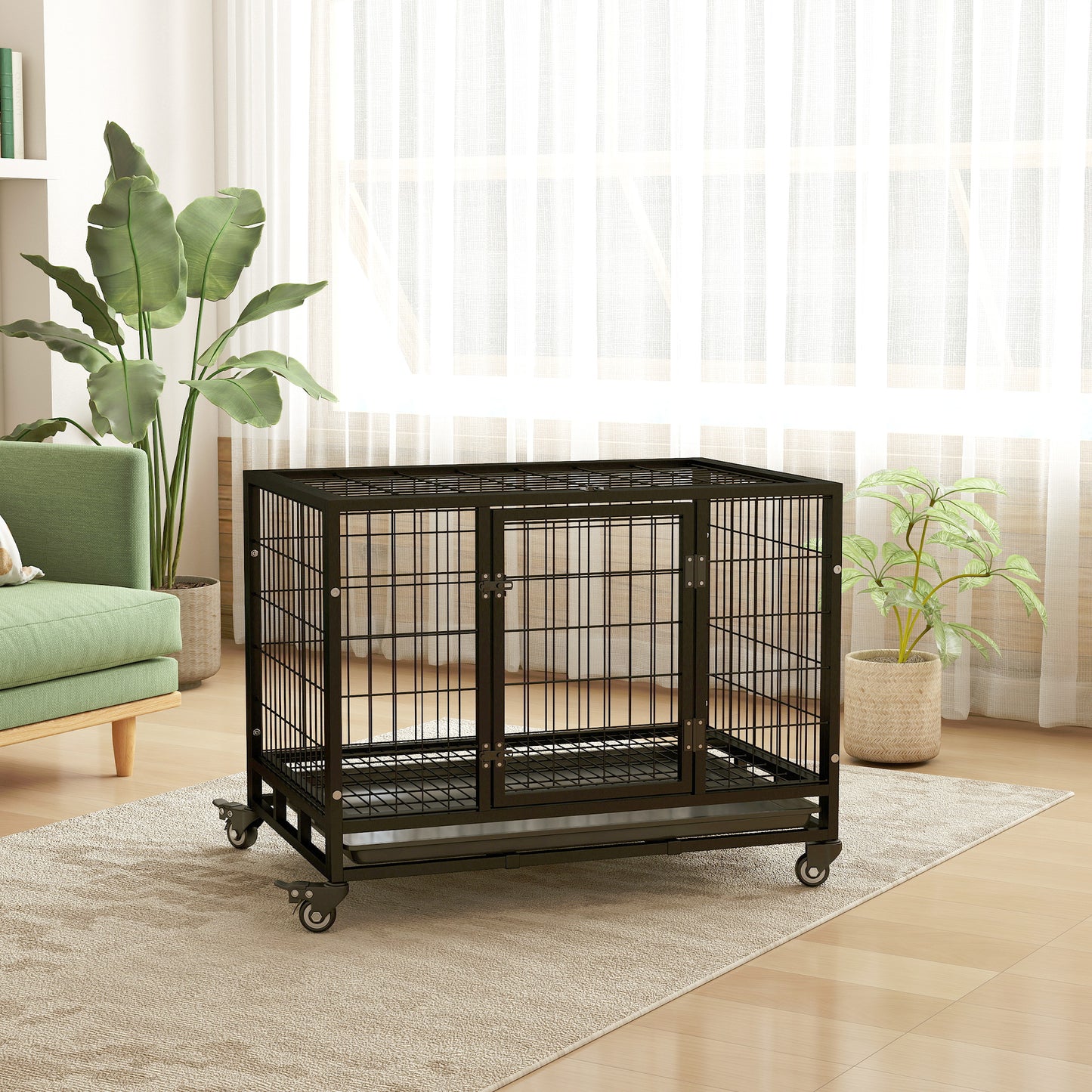 PawHut 36" Heavy Duty Metal Dog Crate Pet Cage with Tray Wheeled Dog Kennel - Black (Medium)
