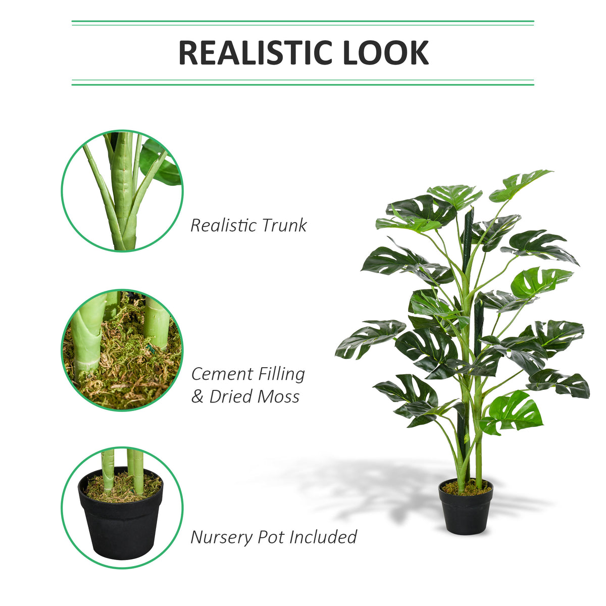 Artificial Monstera tree with realistic stems, moss filling, and nursery pot