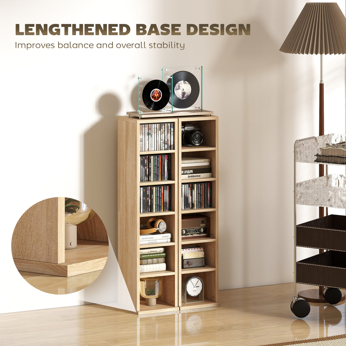 HOMCOM Set of 2 CD Media Display Shelf Unit Tower Rack with Adjustable Shelves, Oak
