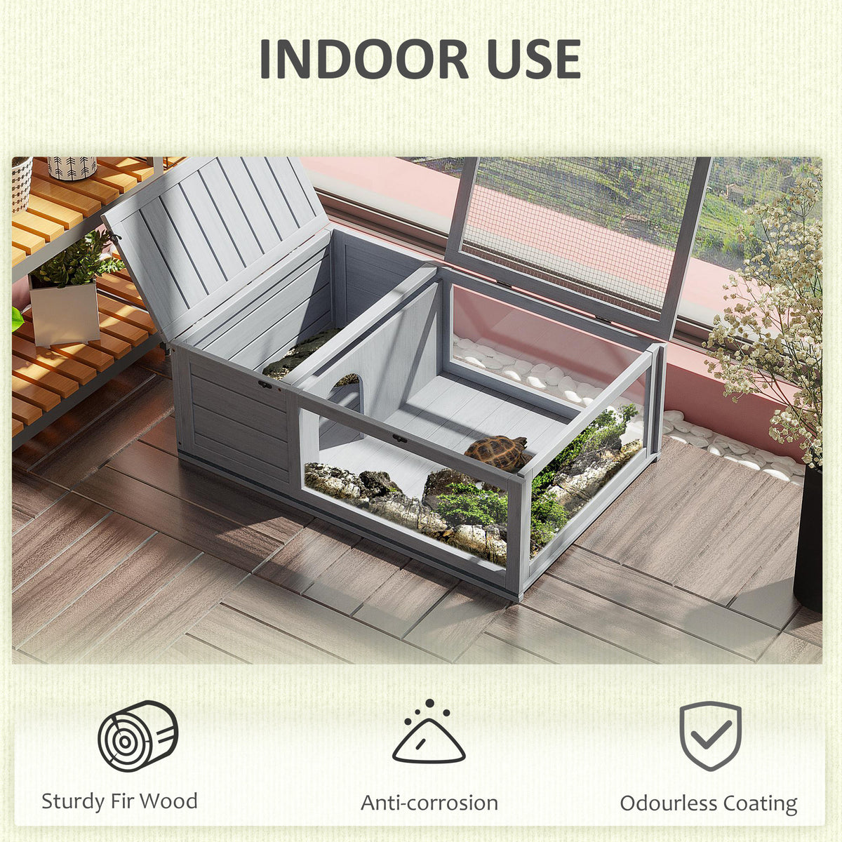 PawHut wooden tortoise house with open lid and mesh roof, shown indoors