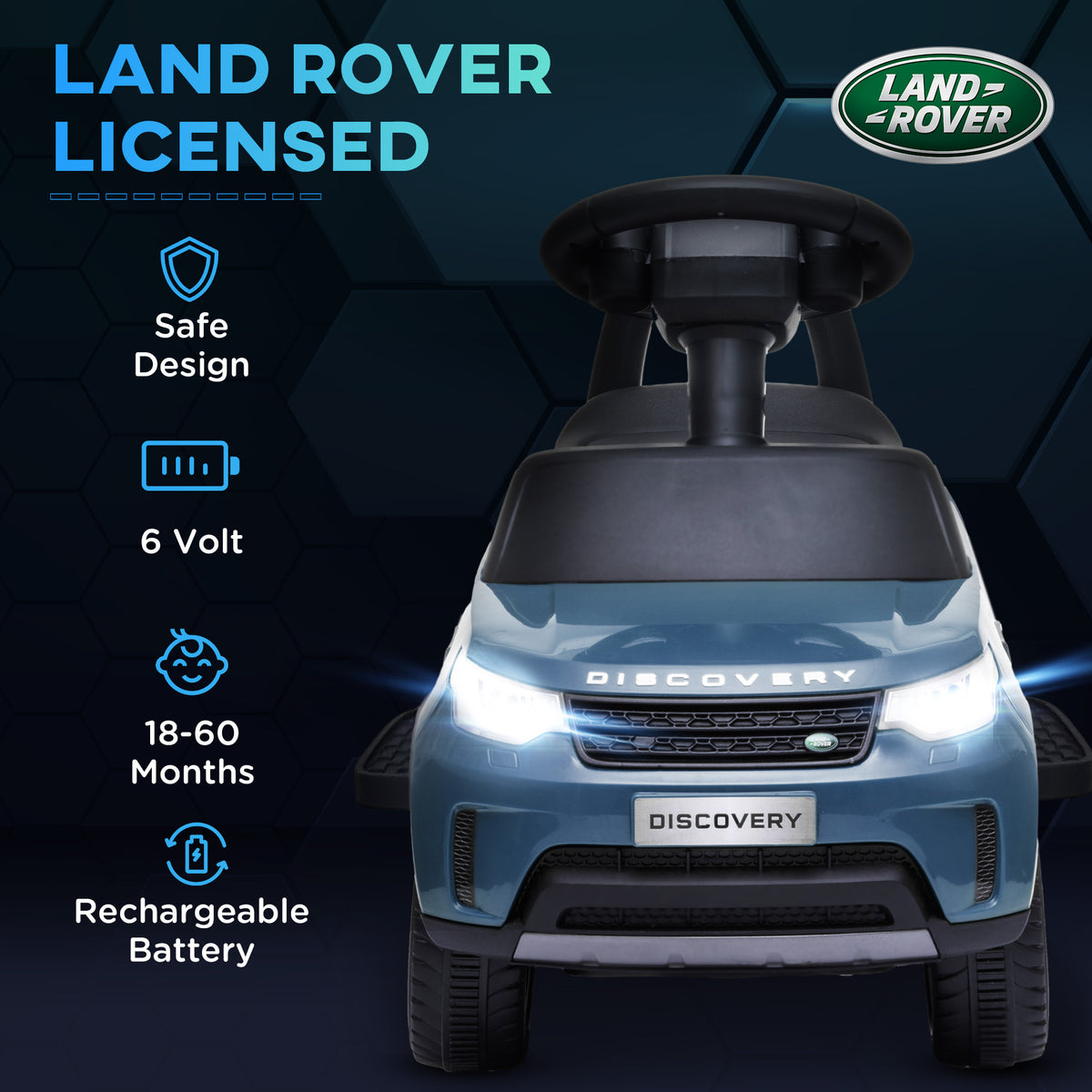 AIYAPLAY Land Rover ride-on car front view with illuminated headlights