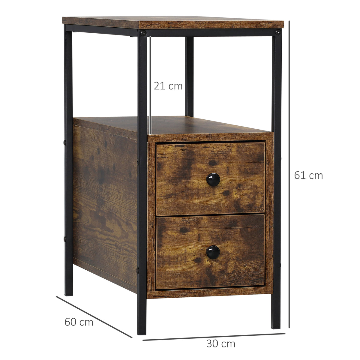 Narrow side table with two drawers, open shelf, rustic brown finish and black metal frame