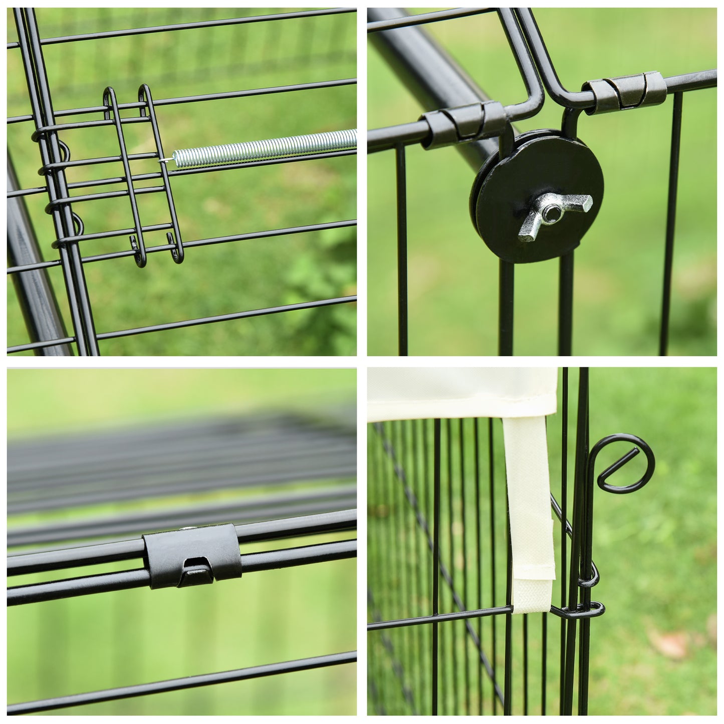 PawHut metal rabbit run close-ups of wire panel latches, clips and cover attachments