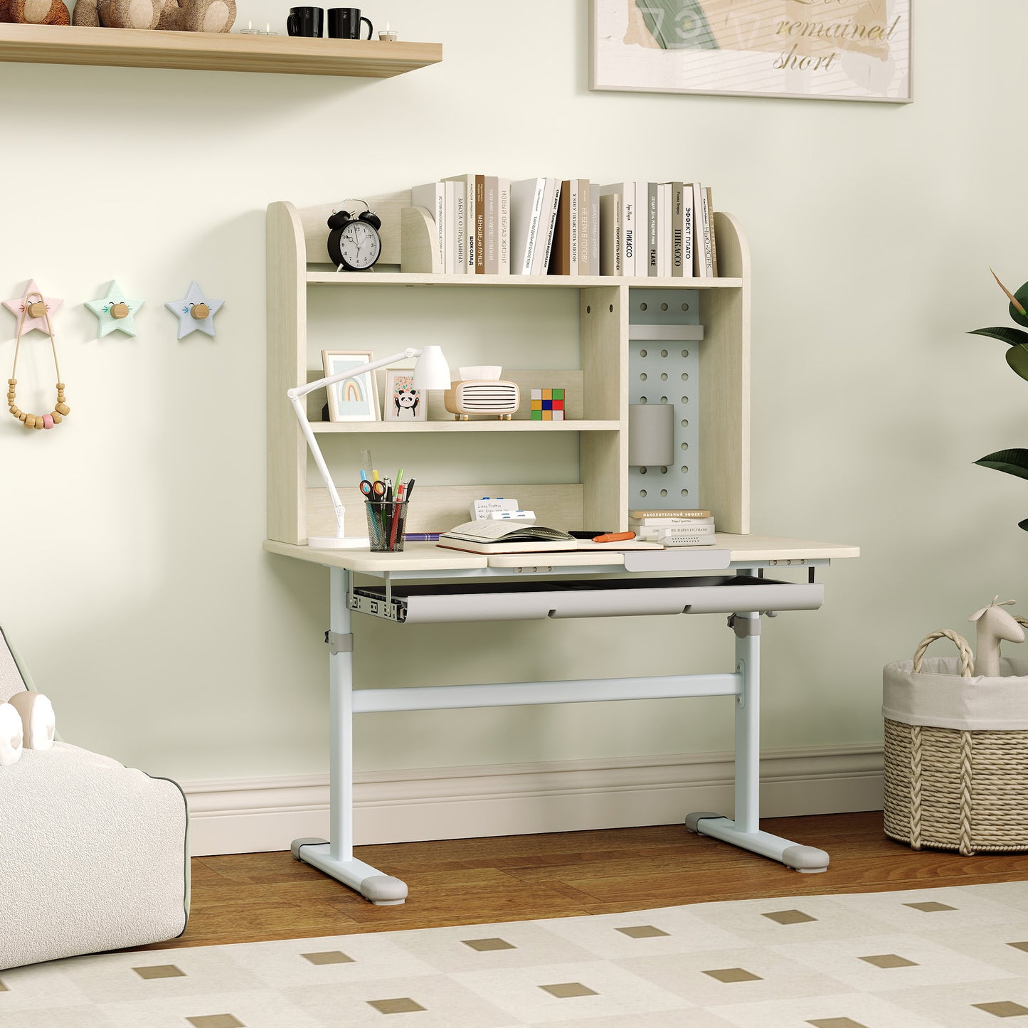 AIYAPLAY Kids Desk Height Adjustable with Tilt-Desktop, Hutch, Drawer, Storage Shelf, Pegboard, for 3-12 Years Old, Natural