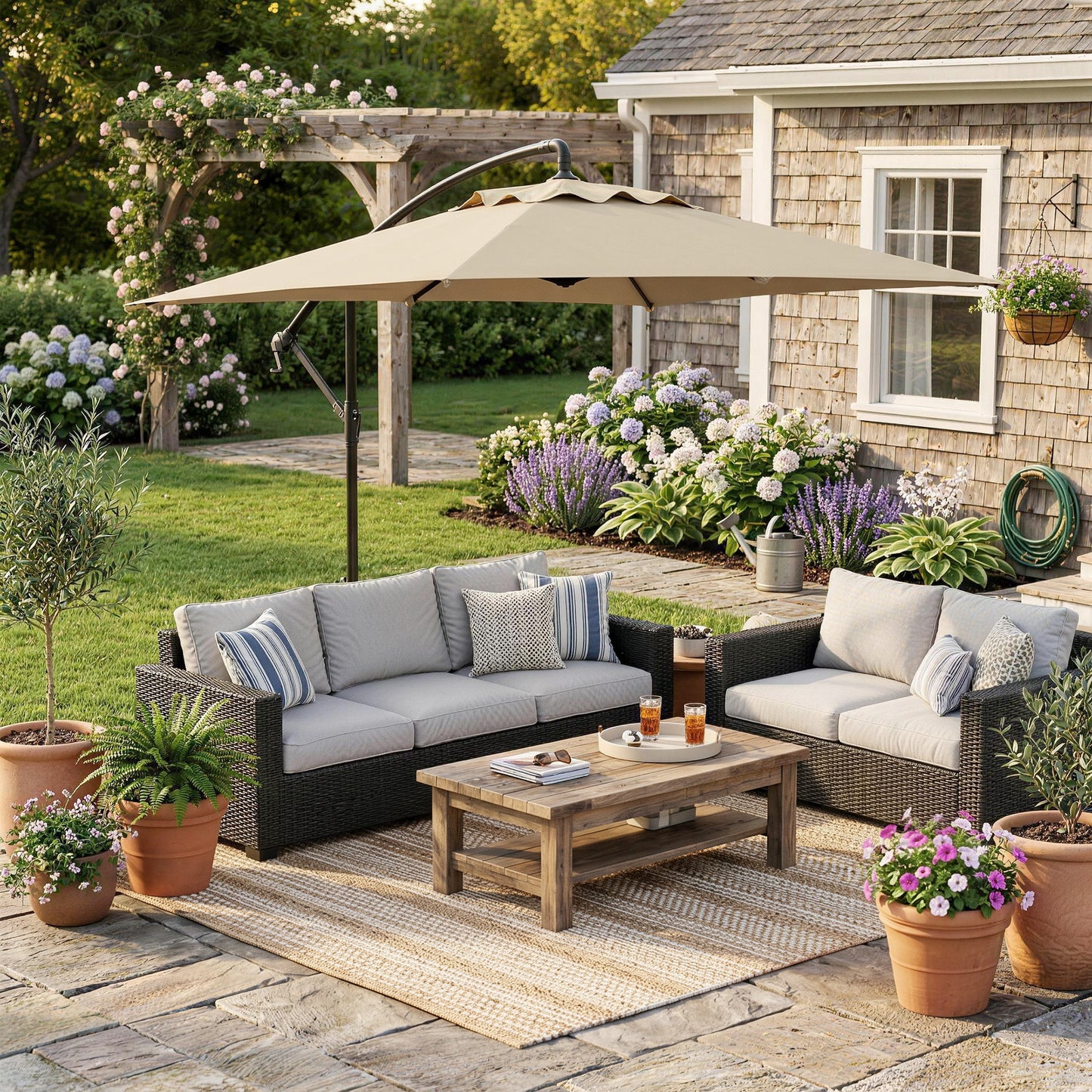 Outsunny 3m Square Canopy Cantilever Parasol, with Cross Base - Beige