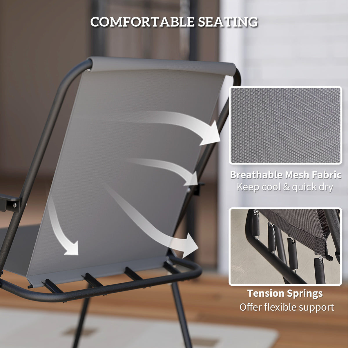 Gray mesh folding chair with flexible tension springs and breathable fabric