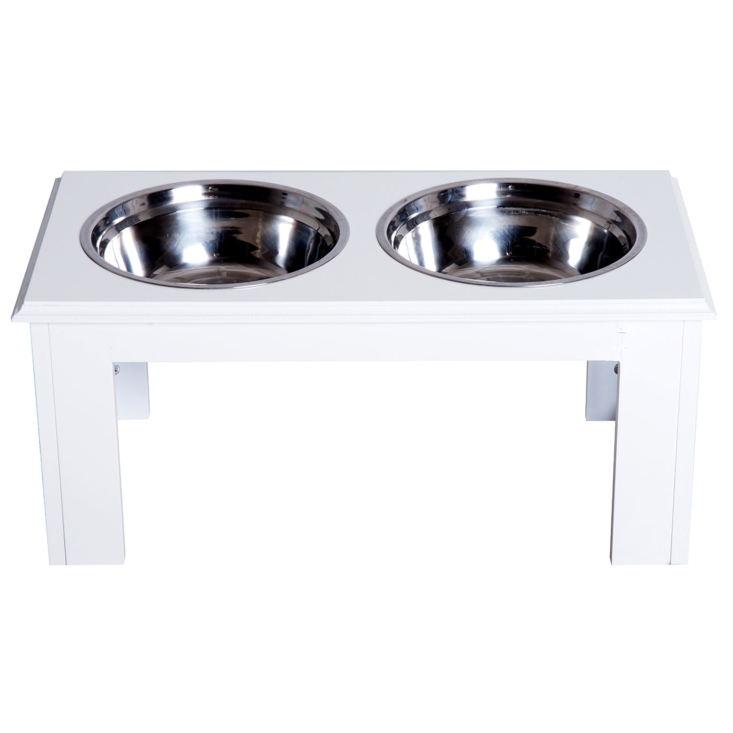 Front view of a white raised dog feeder with two stainless steel bowls.