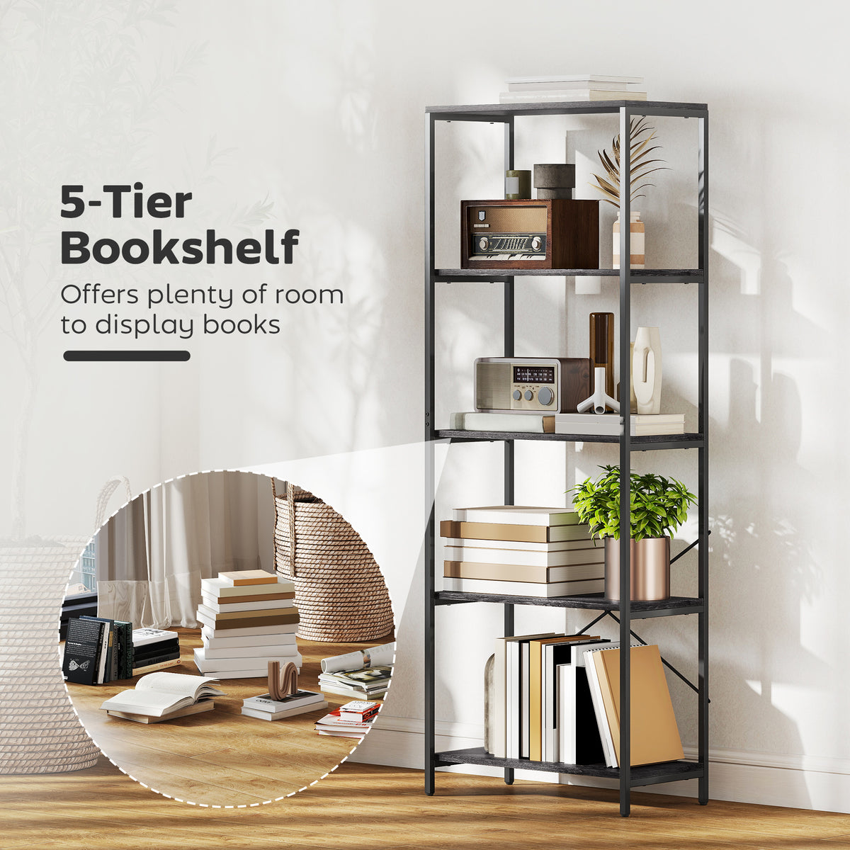 HOMCOM 5-Tier Bookshelf, Industrial Bookcase with Metal Frame - Dark Grey and Black