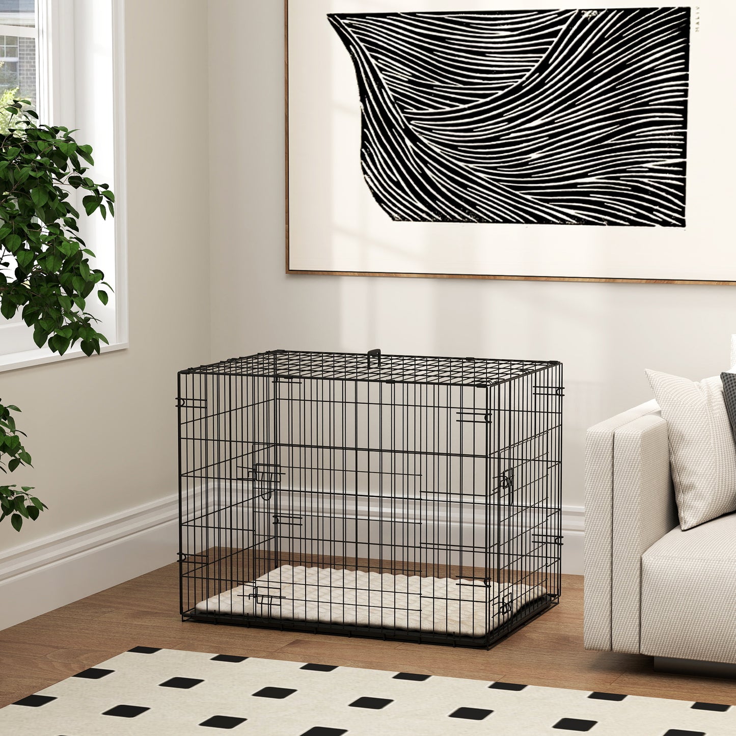PawHut Foldable Dog Crate with 2 Doors with Tray, Soft Cushion, for Small Dogs, 75 x 49 x 53 cm, Black