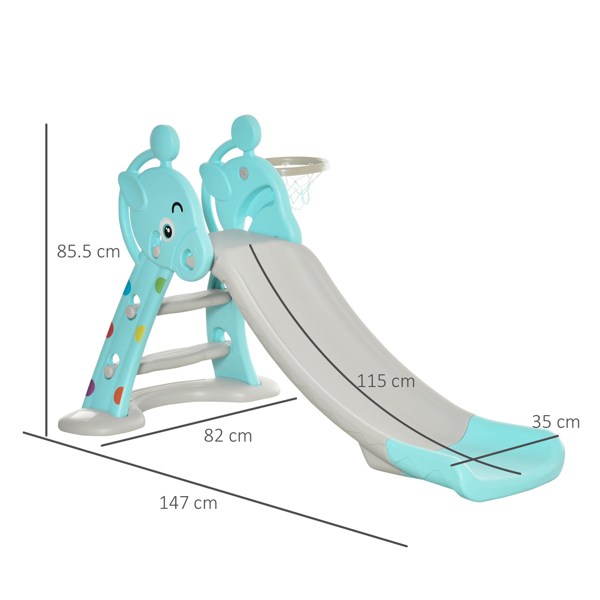 Toddler slide with turquoise supports and basketball hoop, shown with dimensions