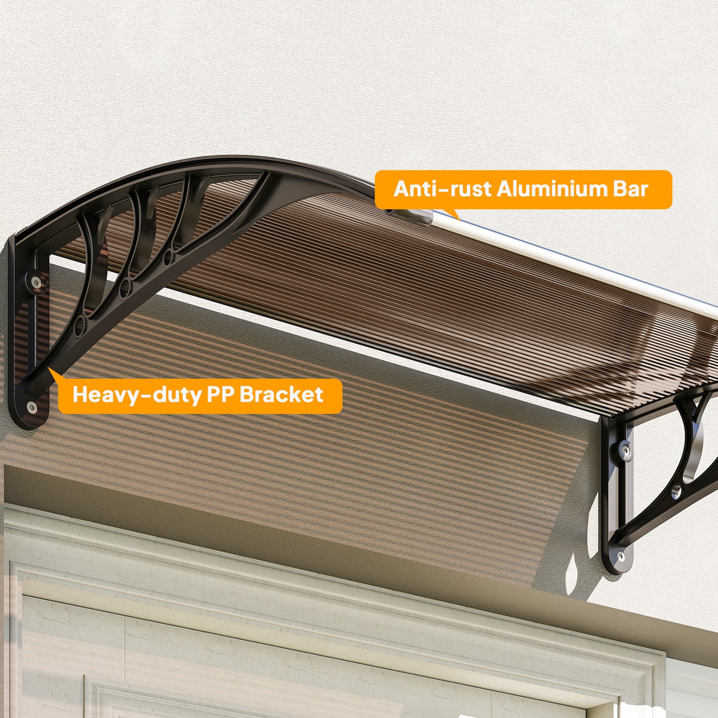 Outsunny Front Door Canopy Outdoor Awning Aluminium Rigid Plastic Polycarbonate Rain Shelter UV Water Rain Resistant 120 x 75cm Brown