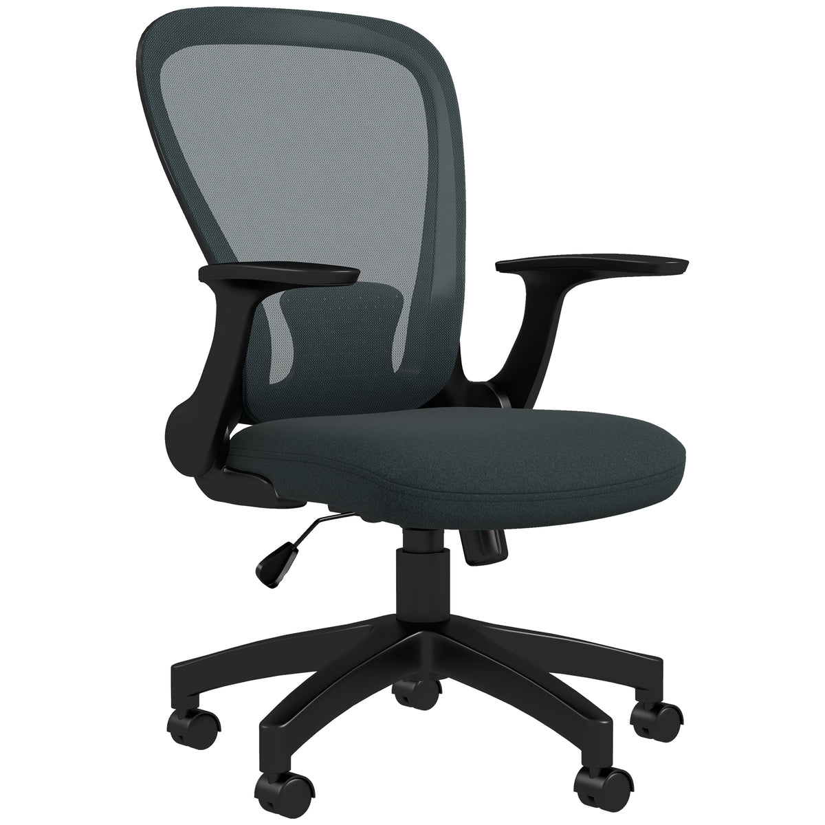 Grey mesh office chair with padded seat, lumbar support, flip-up armrests and five-wheel base.