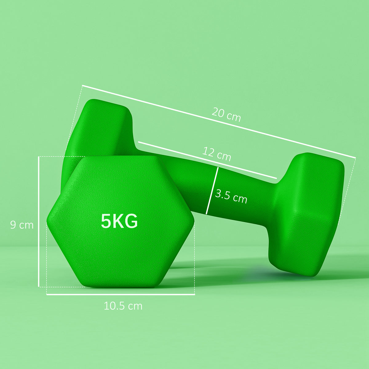 Green 5 kg hex dumbbell with labeled dimensions and contoured grip