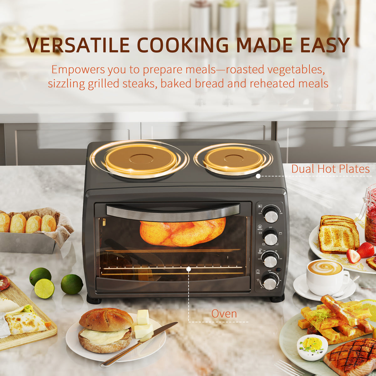 HOMCOM black countertop oven with dual hot plates, roasting food inside and cooking controls