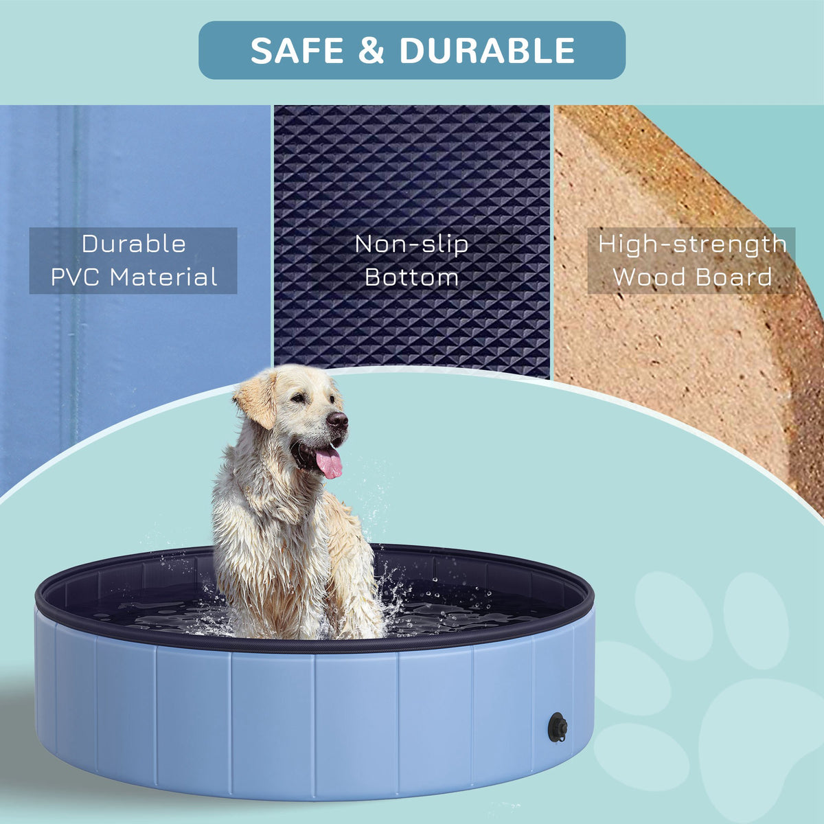 Blue dog pool with durable PVC walls, a textured non-slip bottom, and reinforced boards