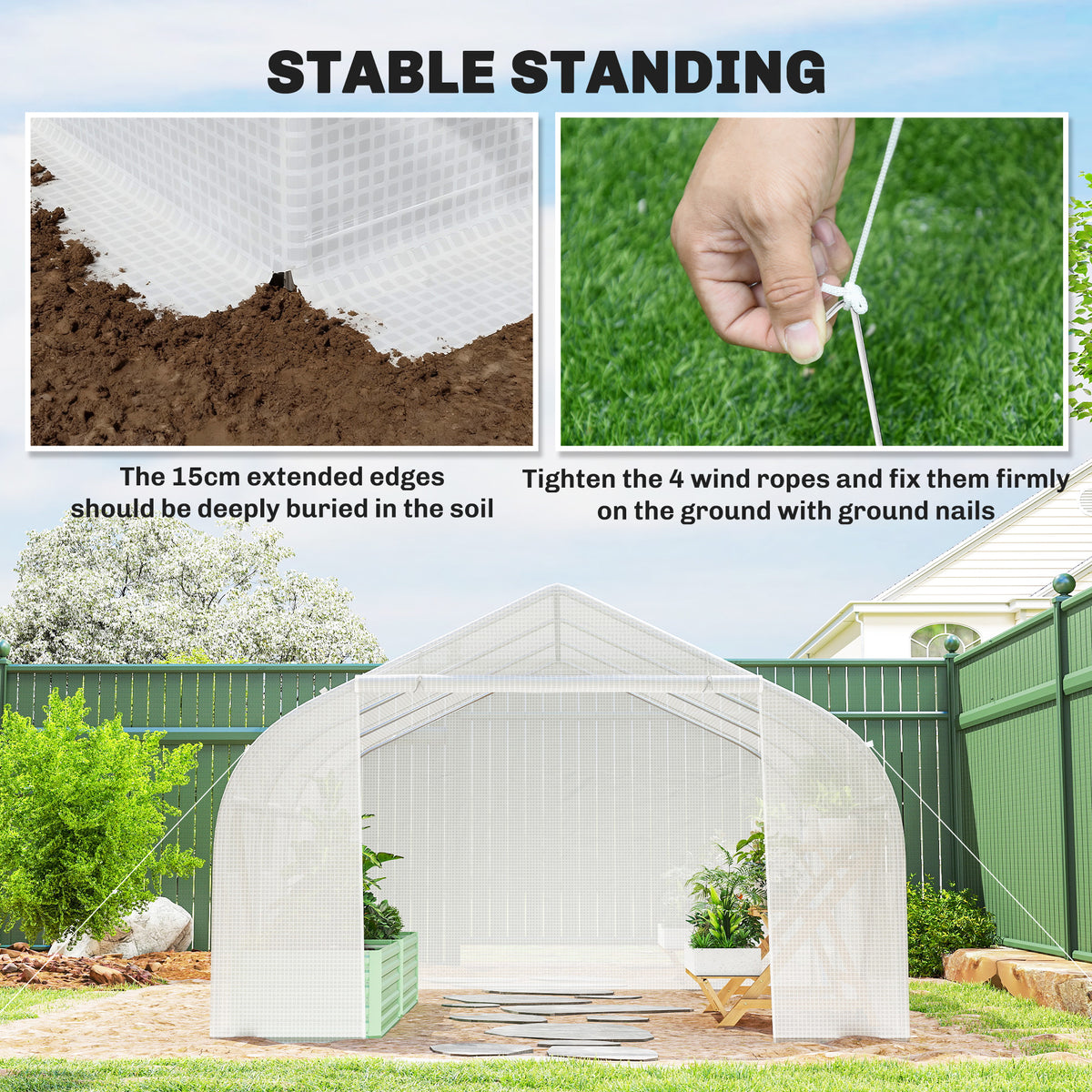 Outsunny polytunnel greenhouse with extended cover edges and ground anchor ropes