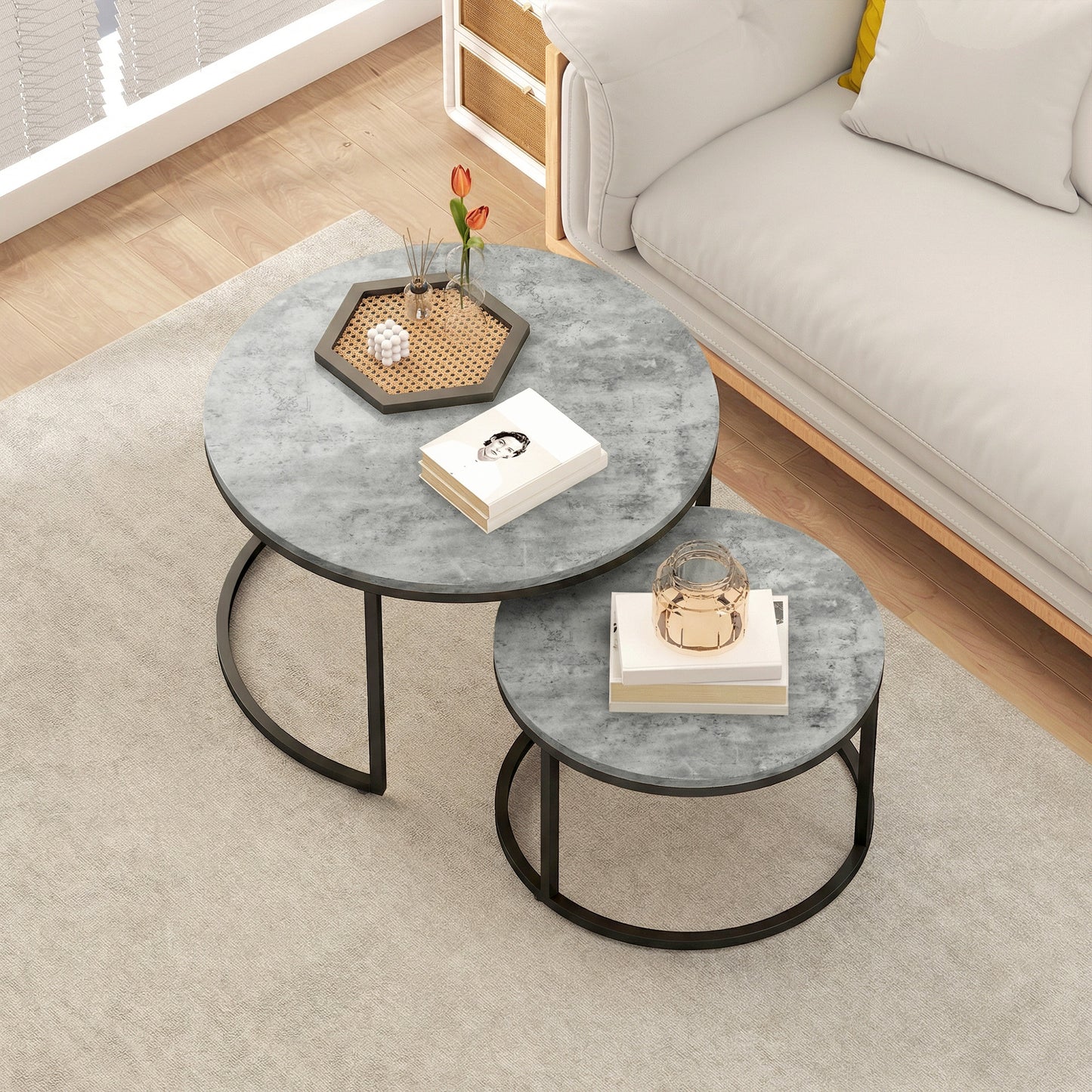 HOMCOM Set of Two Cement-Effect Stacking Tables - Grey