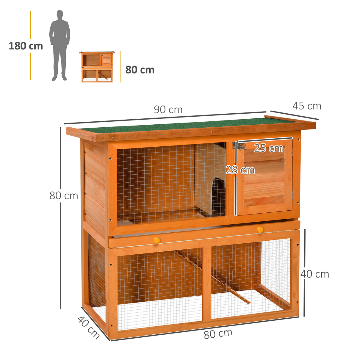 Wooden rabbit hutch with wire mesh panels, shown with dimensions of 90 by 45 by 80 cm