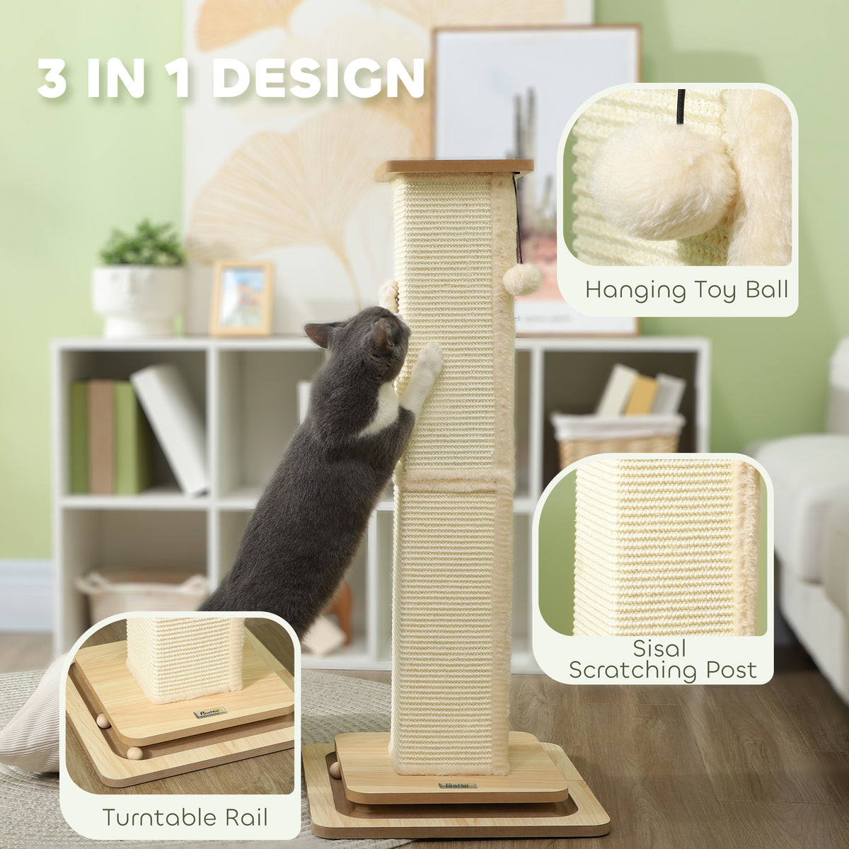 PawHut cat scratching post with sisal surface, hanging ball and turntable rail base