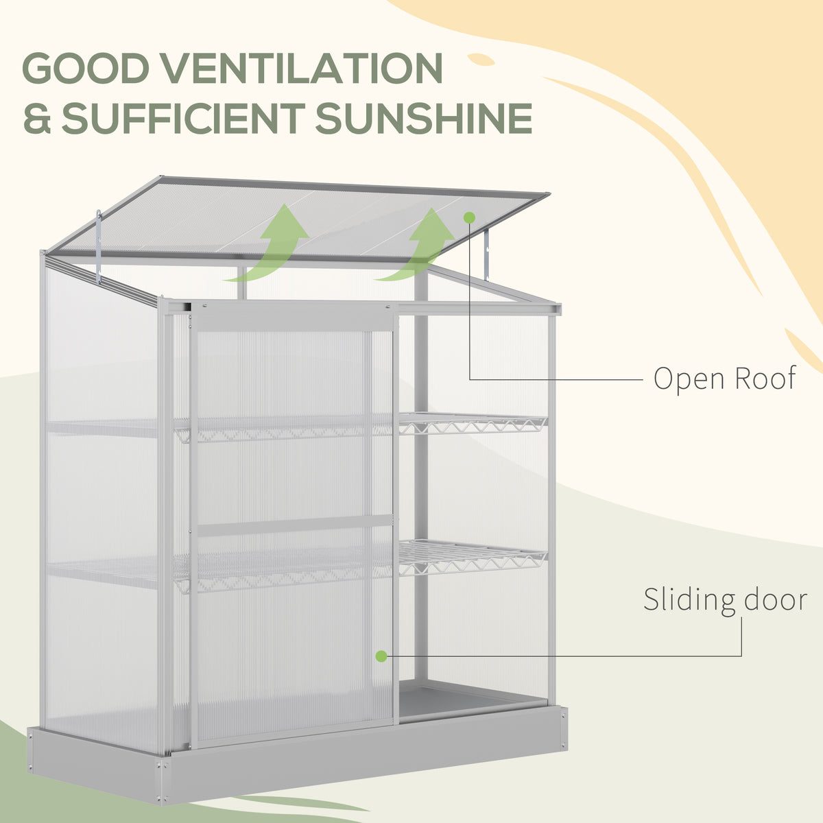 Outsunny greenhouse with raised roof and sliding door for ventilation
