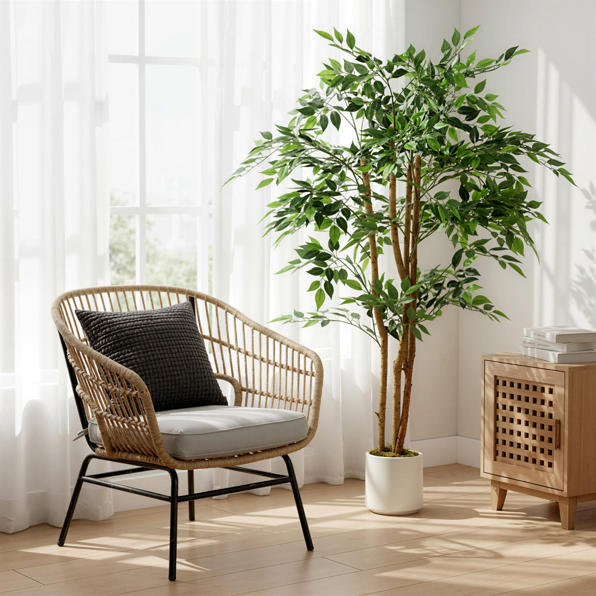 HOMCOM 150cm Artificial Ficus Tree, Fake Potted Tree with Solid Wood Trunk and Pot for Indoor, Green