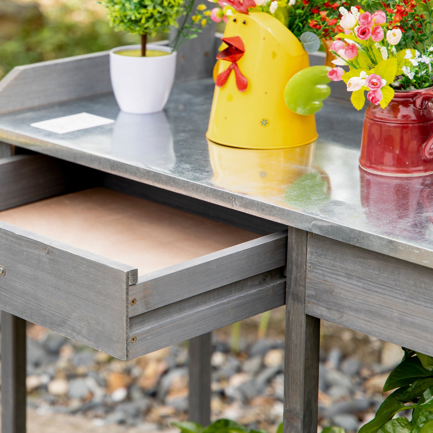 Outsunny Garden Potting Table with Storage, Workbench, Metal Top, Storage Shelves & Hooks for Patio, Courtyard, Wooden