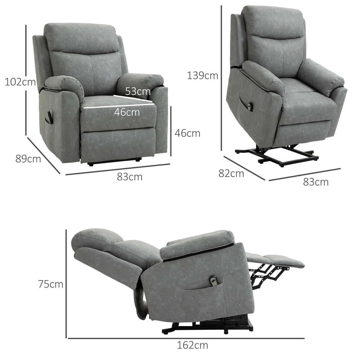 Grey electric riser recliner chair shown with upright and reclined dimensions