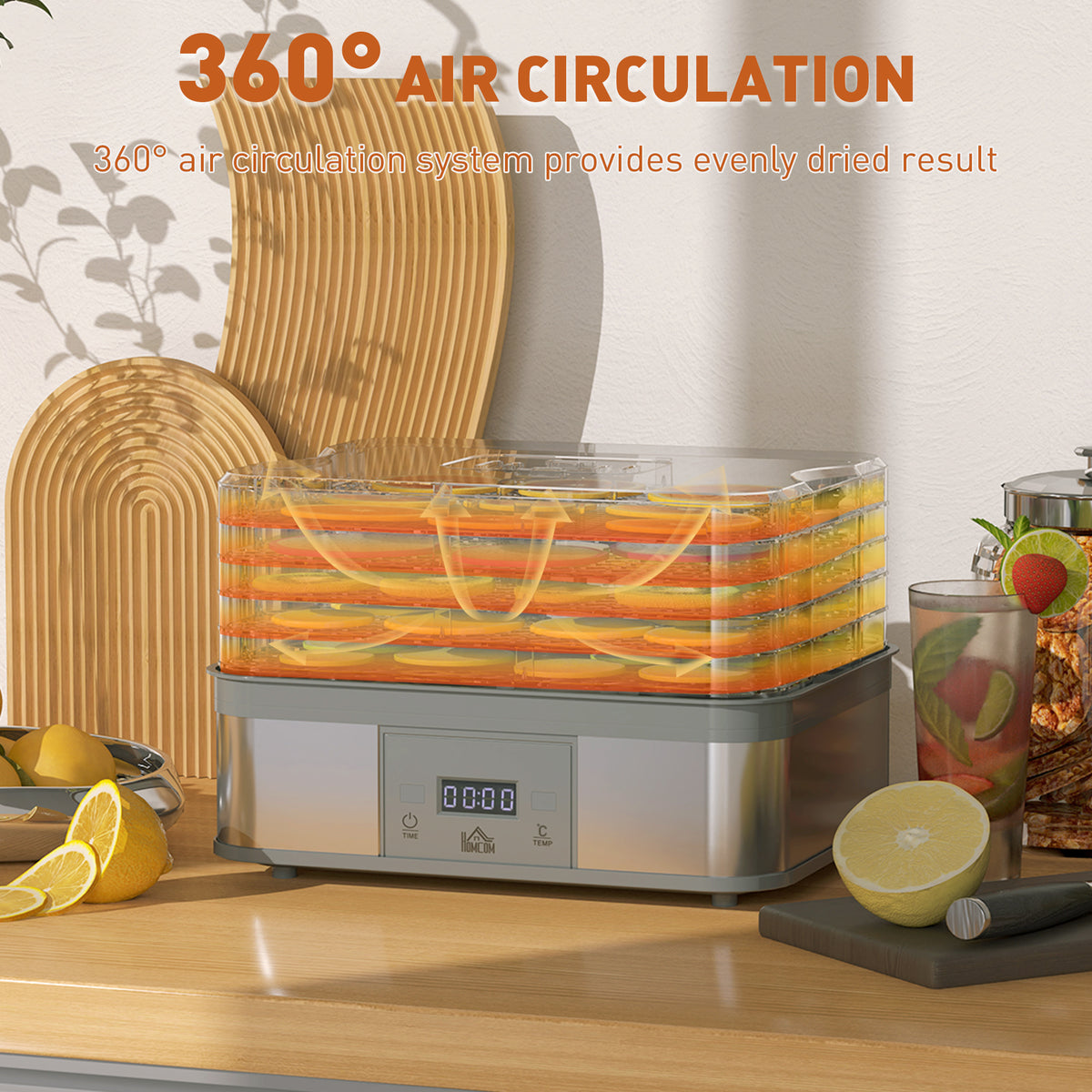 HOMCOM food dehydrator with sliced fruit in trays and airflow illustration