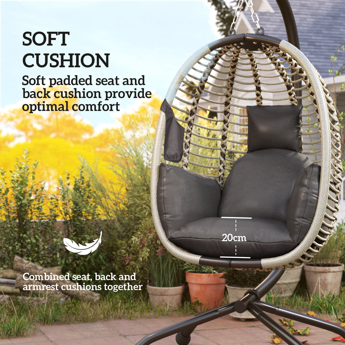 Outsunny hanging egg chair with thick dark cushions and woven basket