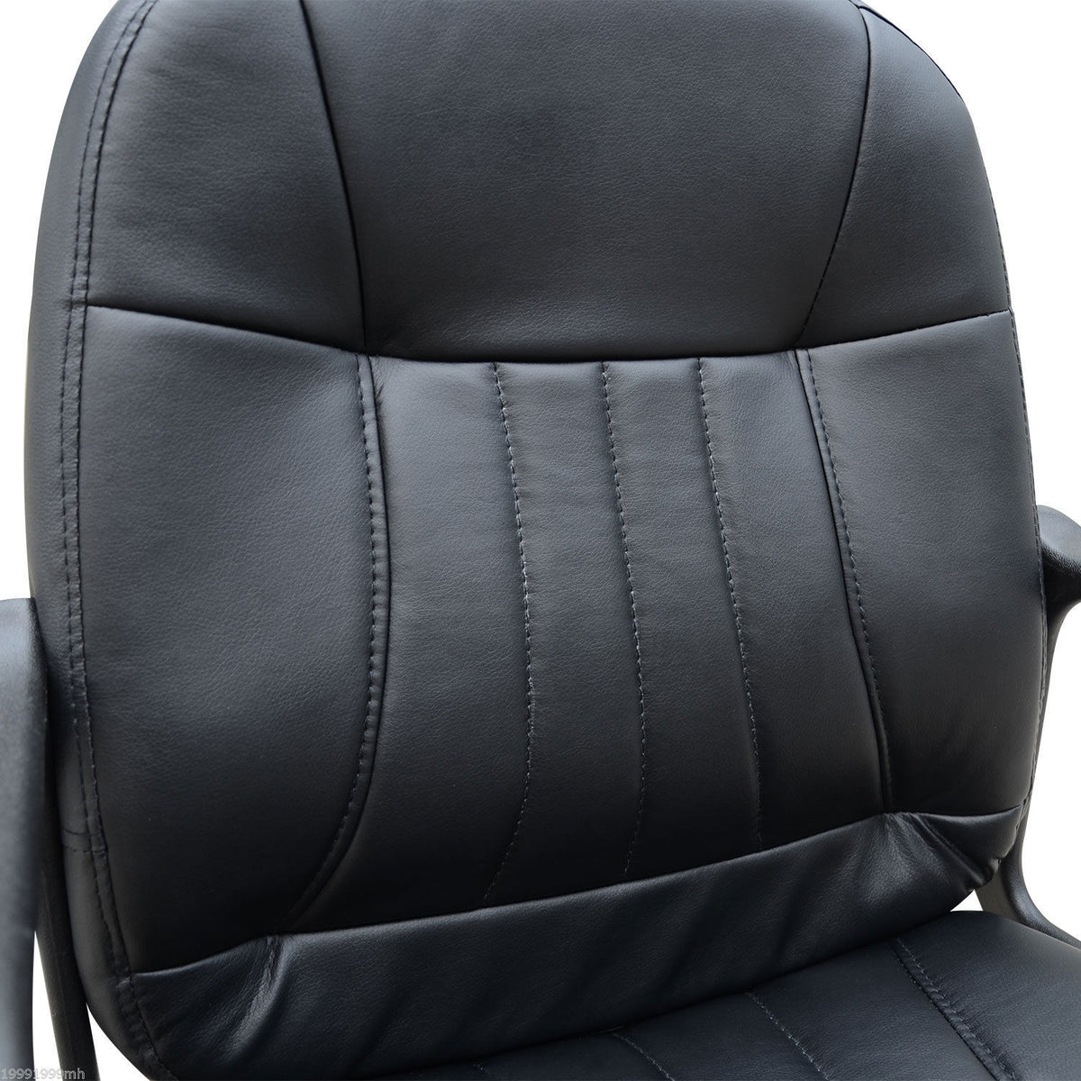 Close-up of the black PU leather office chair backrest with stitched vertical panels