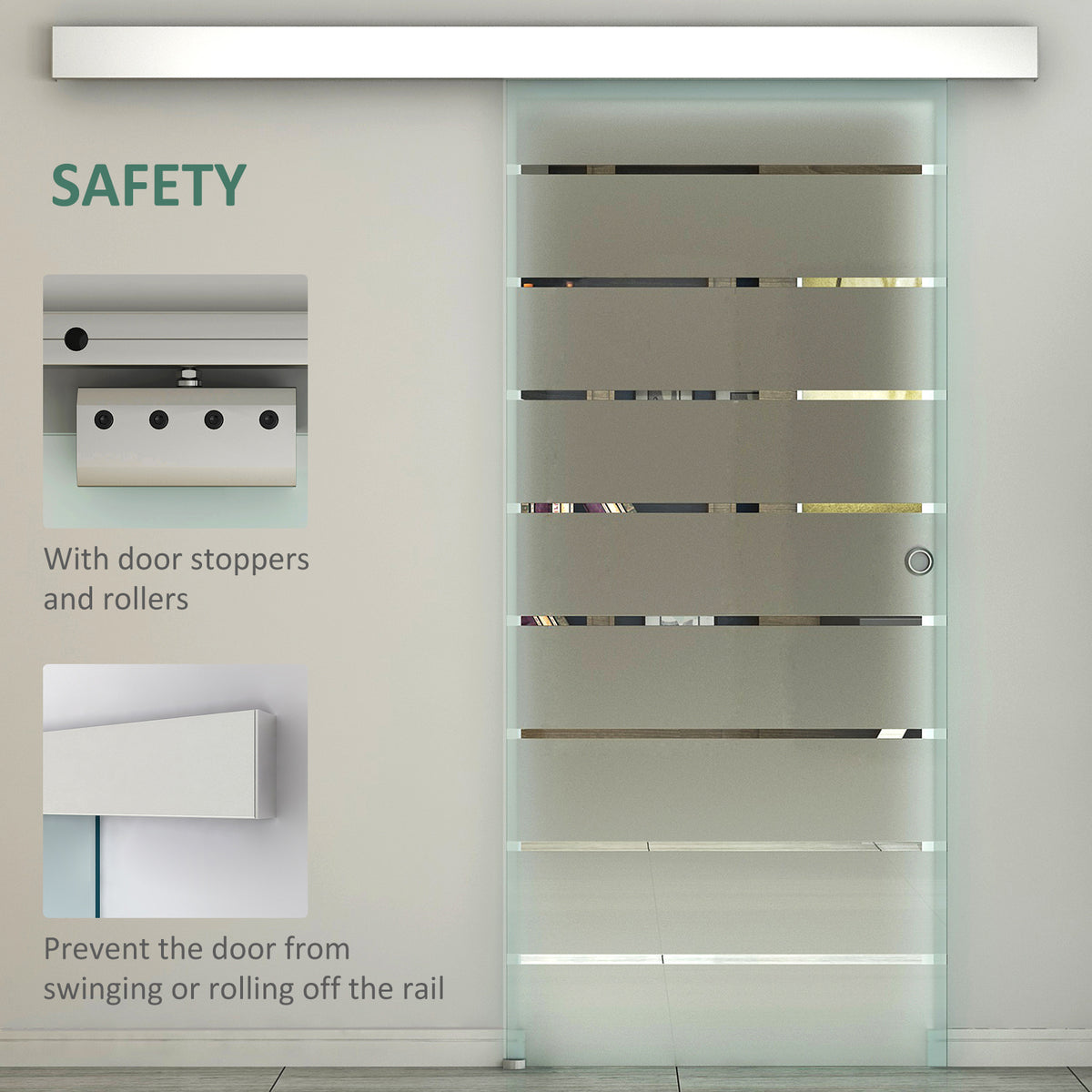 HOMCOM frosted glass sliding door with reflective stripe accents and overhead rail hardware