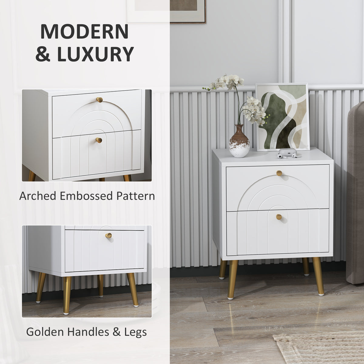 White two-drawer bedside table with arched embossed fronts and gold knobs and legs
