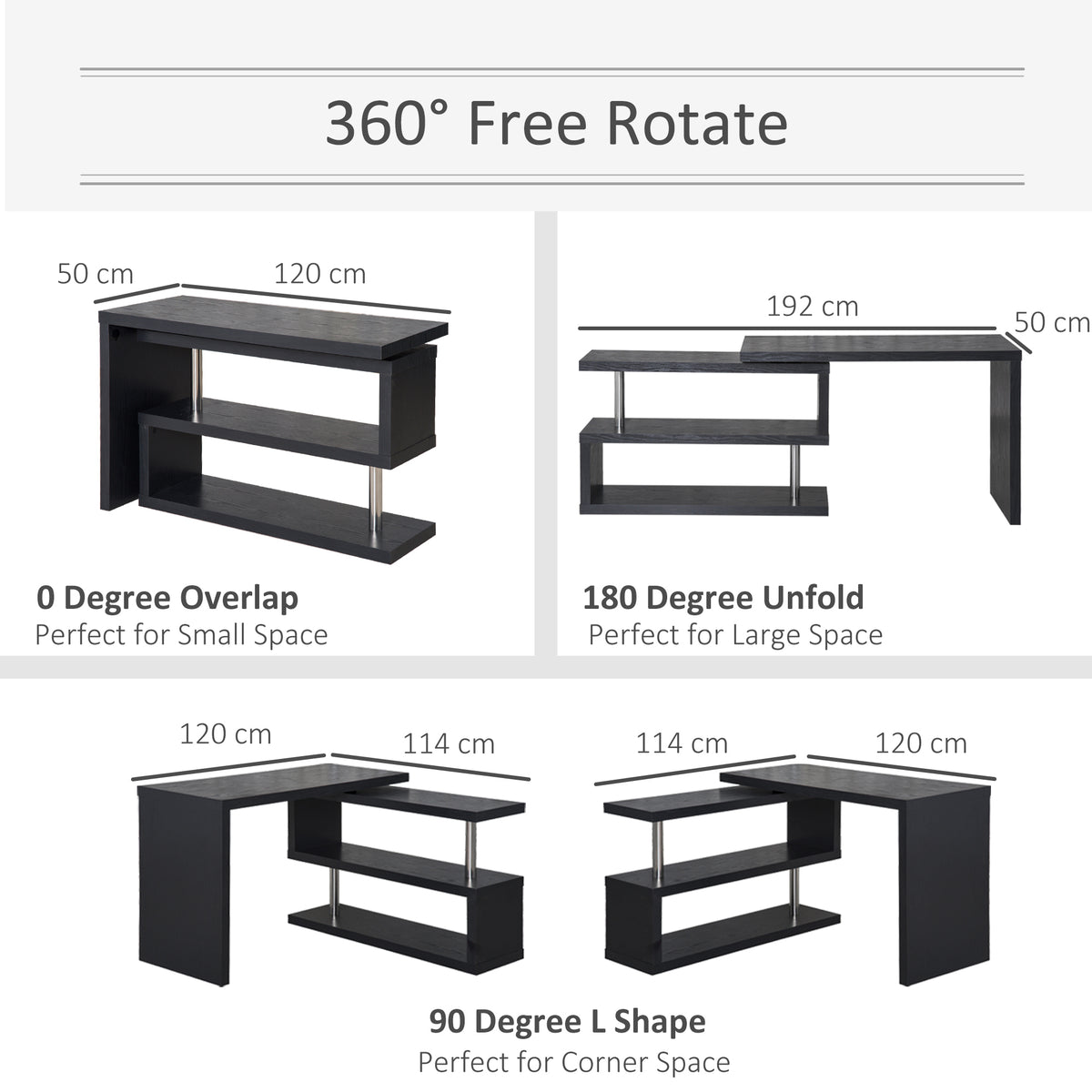 Black rotating L-shaped desk shown folded, unfolded, and in corner configurations.