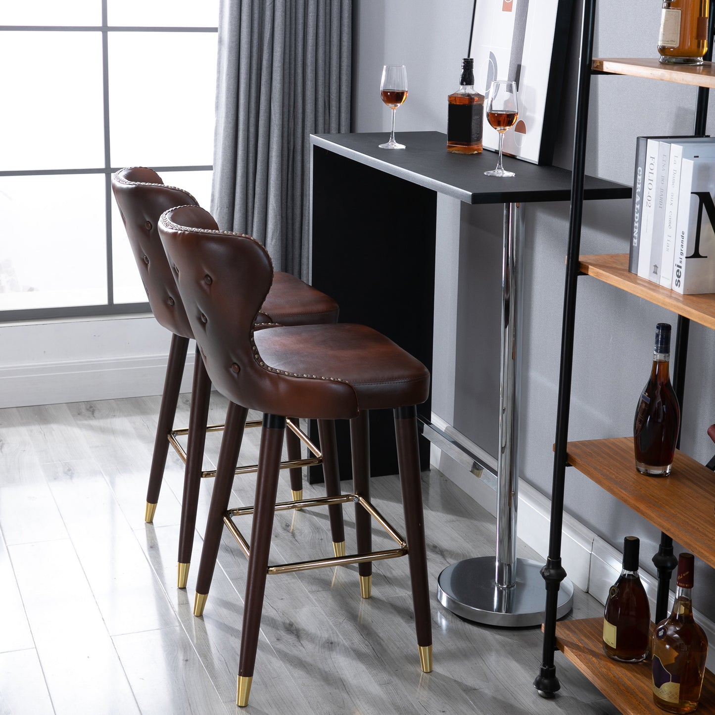 HOMCOM Bar Stools Set of 2, PU Leather Barstools with Back, Footrest and Wood Legs for Kitchen, Counter, Breakfast Bar, Brown