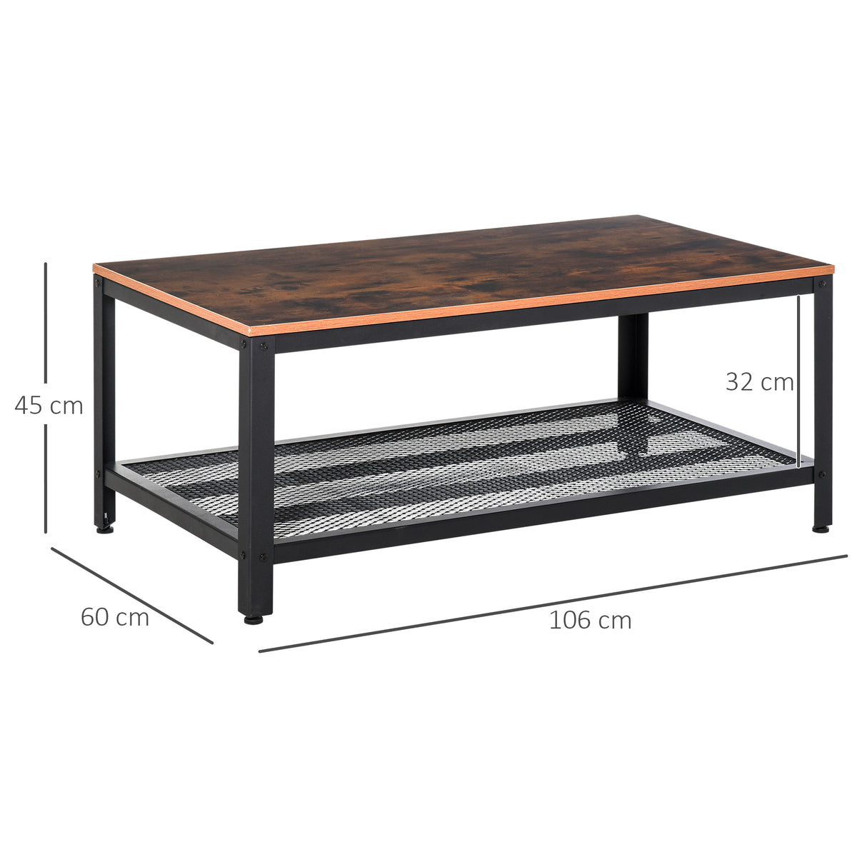 Coffee table with rustic brown top and black mesh shelf, shown with dimensions